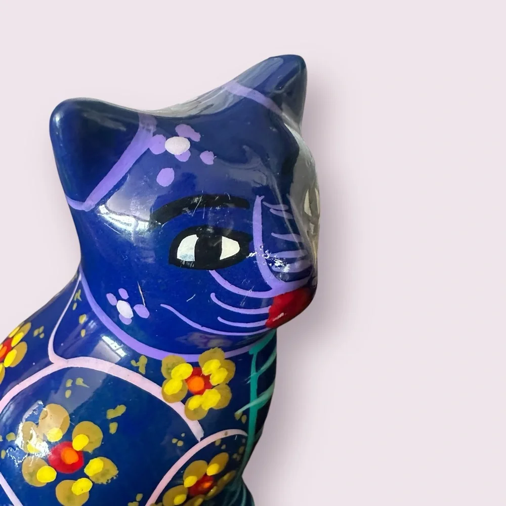 Vintage Hand Painted Ceramic Mexican Folk Art Talavera Cat Figurine With Flowers - Picture 11 of 13
